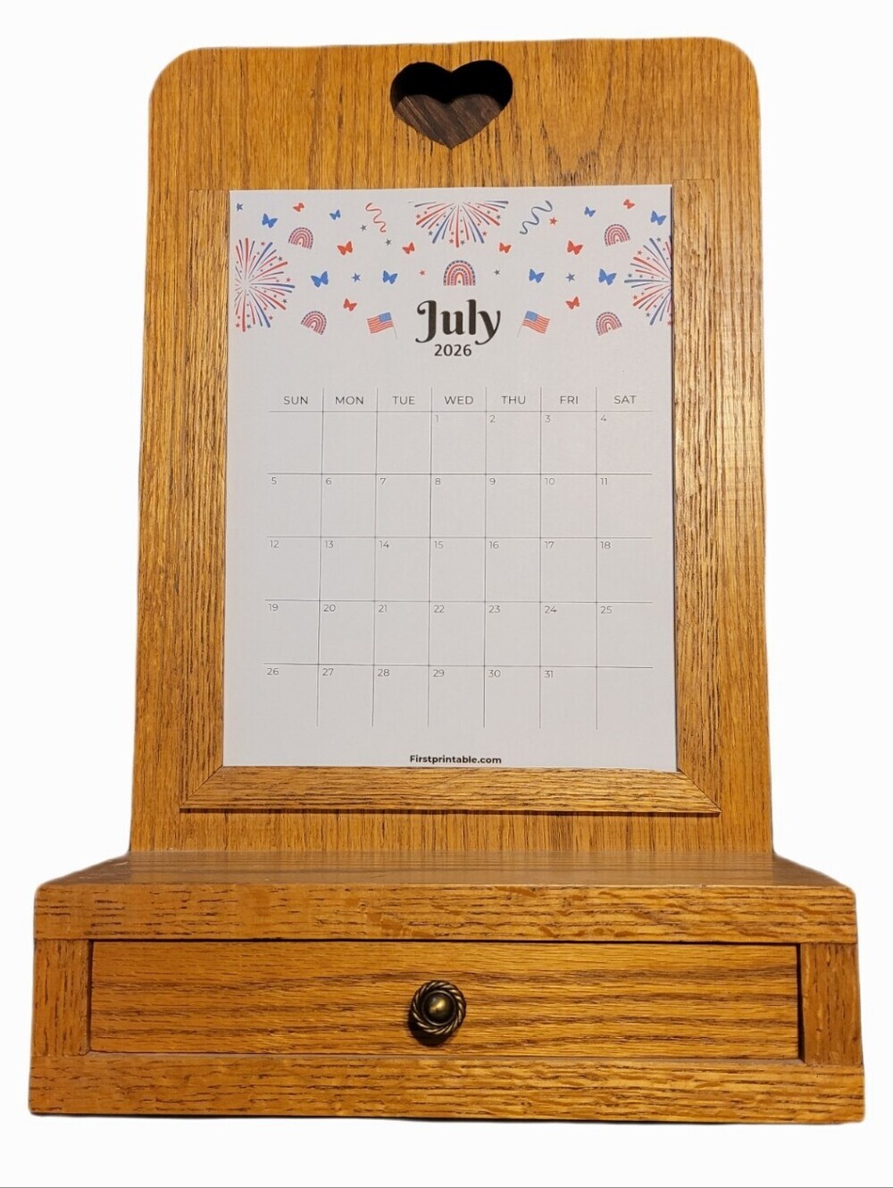 Wooden Oak Desktop Or Wall Calendar Organizer with Drawer  Cottagecore